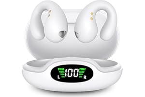 Boytond Wireless Auricolari - 2025 Bluetooth 5.3 Cuffie a Clip Orecchio Suono Stereo HiFi con Microfono ENC per Gli Amanti Degli Sport All'aperto, 50 Ore Display LED Custodia auricolare, IP7, Bianco
