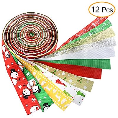 KUUQA 12 Pièces Rubans De Noël Ruban De Tissu De Satin Grosgrain pour Décorations De Noël, Emballage De Cadeau, Fabrication De Noeuds De Cheveux, Couture Craft ou Décorations De Mariage