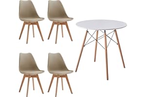 HJhomeheart Mesa de Comedor Redonda con 4 Sillas de Comedor para Comedor, Cocina, Sala de Estar, Mesa de Comedor de Blanco y Sillas Beige