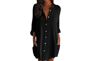 Iuyhau Women's Oversized Linen Shirts Plus Size Baggy Comfy Blouses Tops Half Sleeve Button Up Mid-Long Shirts V Neck Work Plain Tops Tunic Tee Mini Dress with Pockets