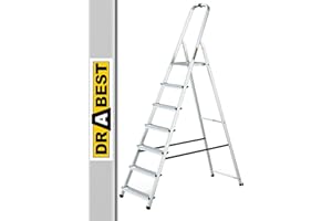 Drabest Escabeau 7 Marches en Aluminium - Capacité 125 KG - Barre de Sécurité en Haut de l’Escabeau Et Plateforme De Travail - Construction Robuste - Pieds antidérapants - Échelle multifonctionnelle