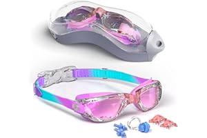 Hurdilen Kids Swim Goggles, Swimming Goggles for Kids Children, Anti-Fog Anti-UV Youth Swim Glasses with Nose Clip, Earplugs for Age 3-15