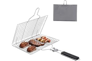 YANJINGHE Panier à Griller En Acier Inoxydable pour Barbecue - Pliable avec Poignée Amovible pour Poisson, Steak, Crevette