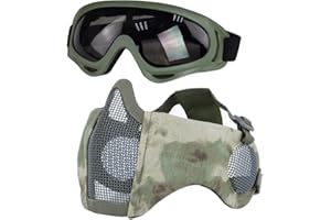 Yzpacc Airsoft Máscara con Gafas, Plegable de Media Cara Airsoft máscara de Malla con protección para los oídos para Paintball Shooting Cosplay CS Game