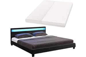 ‎JUSKYS Juskys Polsterbett Paris 140x200 cm mit LED Beleuchtung, Matratze, Lattenrost & Kopfteil - Kunstleder & Holz - schwarz - Bett Jugendbett Bettgestell