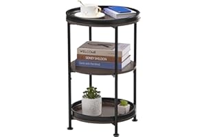 YEAKOO Industrial Nordic End Table, 3-Tier Round Side Table with Storage Shelf Edge Protection Tray, Sturdy Metal Frame Coffee Table Bedside Table for Living Room Bedroom Small Spaces/Grey