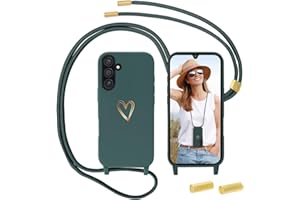 ANFIRE Handykette für Samsung Galaxy S24 FE Hülle mit Band, MoEvn Necklace Handyhülle mit Kordel für zum Umhängen Herz Muster Silikon Case Stoßfeste Schutzhülle mit Abnehmbar Kette für S24 FE 5G, Grün