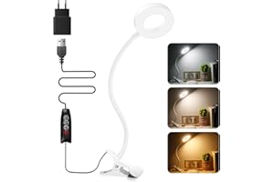 Akynite Lampada da Scrivania USB con Pinza e Adattatore, Lampada a Pinza Bianca per PC, 3 Colore e 10 Intensità, 48 LED Clip Lampada da Make Up, Flessibile Lampada da Lettura Letto Dimmerabile