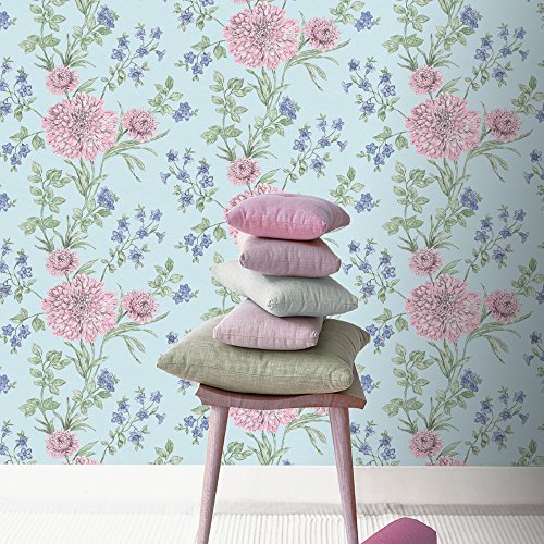 Rasch Bordeaux Blumen Muster Blumenmotiv Traditionell Metallische Tapeten – Türkis Rosa 208511 - 2