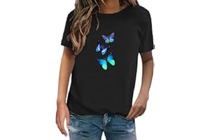 KMDWQF Ladies Fashion Butterfly Print Round Neck Short Sleeve T Shirt Top Dressy Tops for Mature Ladies Womens England T Shirt Next Day Delivery 60Th Birthday Gifts for Women Ladies Clothes Sale Clearance