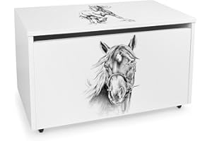 leomark Blanco Caja de madera banco con almacenamiento para juguetes con Asiento, Baúl de juguetes sobre ruedas, Dim: 71 cm x 40 cm x 46 cm/WxDxH/ (Caballo)