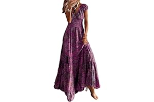ABYOVRT Robe Maxi D'été pour Femme Bohème Robe de Vacances Col V à Fleur Manches Courtes Robe de Soiree Party Plage