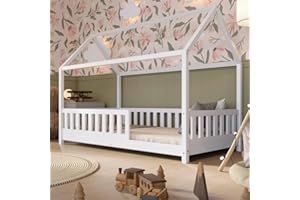 Crazy Pine Letto Casetta 160x80 cm – Legno Bianco con Barriera – Design Scandinavo, Letto Montessori a Pavimento con Piedini Regolabili in Altezza - Crazy Blanco