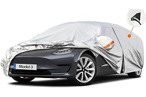 Kayme Funda Coche Exterior, Compatibles con Tesla Model 3 (2017-2025), Cubierta para Coche Impermeable Transpirable Anti-UV Antipolvo de 6 Capas, Cubre Coche con Cremallera y Forro de Algodón.