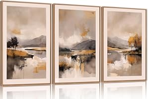 CHDITB 3 pcs Abstract Lake Landscape Canvas Wall Art Set,Beige Grey Mountain Framed Wall Decor,Watercoler Lake Artwork,Brush Stroke Forest Landscape Prints for Living Room Office Bedroom(30x40cm)