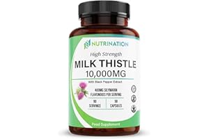 NUTRINATION Milk Thistle High Strength 10000mg | Market-Leading Silymarin 400mg per Capsule | 90-Day Supply | Milk Thistle Capsules (Not Tablets) with Black Pepper | Herbal Supplement for Liver Detox | Lab Tested