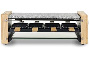 H.Koenig Appareil à raclette Multifonction 8 personnes WOD12, Professionnel, Raclette fromage, Fondue, Pierre Granit et bois naturel, Plaque en Verre, 8 poêlons & 8 spatules en bois, 1200W
