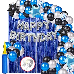 Party Propz Happy Birthday Balloons Decorations Set - 60Pcs Bday, Star Foil Balloon, Blue Black Metallic Balloons, Foil Curtain, Pump - Theme Decoration for Husband, Wife birthday Celebrate Ka Saman