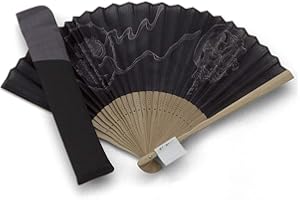 Maisendo Fujin Raijin Thunder God Hand Fan Black Bamboo Wood and Japanese Cotton Premium Quality Ideal Gift with Fabric Case and Gift Box