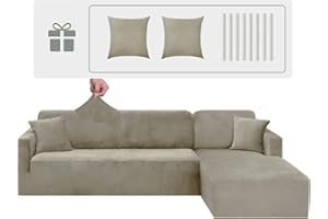 CHELZEN Velours Housse de Canapé Peninsula en Forme de L, 2 Pièces Housses de Canapé d'angle, Housse de Canapé pour Chaise Longue avec Deux Taies d'oreiller (3 Place+4 Place, Kaki)