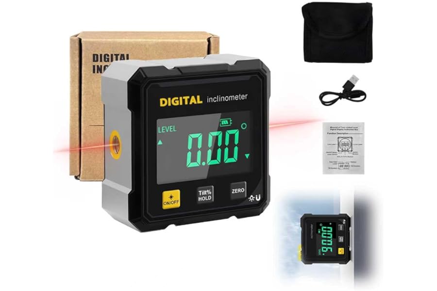 Magnetic Digital Angle Finder Laser, Digital Inclinometer with Laser 4-Side Strong Magnetic Angle Gauge IP54 Waterproof Level, Woodworking Measuring Tool Level Box for Hanging (Black)