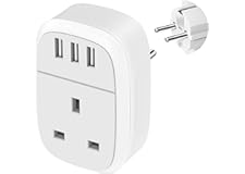 UK to European Adapter Plug, EU Schuko Travel Adaptor with 3 USB Ports, Euro Europe Grounded Charger for Germany France Spain