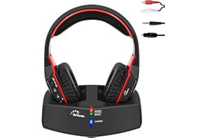 WallarGe Funkkopfhörer für Fernseher/TV, Over-Ear kabellose kopfhörer mit RF Digitales Ladestation mit Reichweite 33 m für Fernseher HiFi, Sender mit Optisches und Aux Port (Schwarz & Rot)