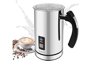 OZAVO Mousseur à Lait Electrique 500W 300 ML Chauffe Vite Mousse Froide ou Mousse Chaude avec Revêtement non-adhésif en Acier Inoxydable, Argent