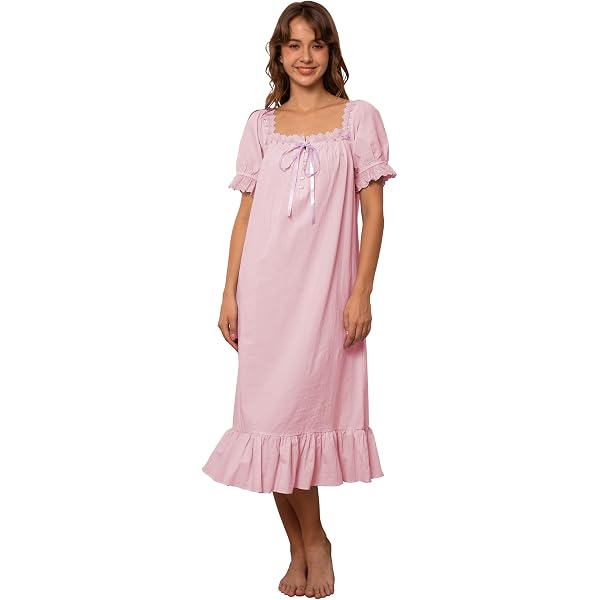 Isabella Lace Trim Lace Trim Slit Nightgown Side Sleep Dress Slit Bow Decor, navy, XL Fashion