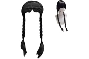 Amebleak Parrucca Mercoledi Addams Bambina, Adams Wig Intrecciate Nere, Parrucca Lunga con Frangia, Parrucca Nera Trecce per Cosplay Party Halloween Carnevale, Nero