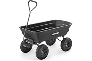 "Gorilla Carts GOR4PS Poly Garden Dump Cart with Steel Frame and 10-in. Pneumatic Tires, Padded pull handle and Quick-release for easy unloading, 600-Pound Capacity, Black"