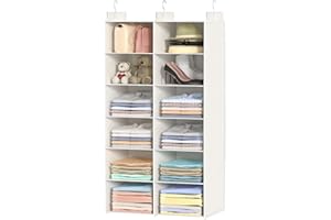 ALLTIDYUP Organizer Armadio da Appendere-Ripiano Pieghevole a Doppia Fila con 6 Scomparti,12 Tasche e 3 Ganci,Salvaspazio per Vestiti-Bianco,Ideale per Dormitori e Camera da Letto (Bianco, 6 Ripiani)