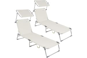 CASARIA 2X Chaise Longue Pliable Ibiza Crème Dossier réglable Pare-Soleil intégré Compacte et transportable Toile imperméable