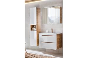 ‎LOMADOX Lomadox Badezimmer Badmöbel Set, Hochglanz weiß mit Wotan Eiche Nb., Waschtischunterschrank mit 81 cm Keramik-Waschbecken, LED-Spiegelschrank, Hochschrank