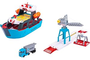 Majorette 212050039 Maersk zestaw łódź 52cm, stacja portowa, ruchomy dźwig z platformą ładunkową, 2 łodzie ratownicze, 1 metalowy pojazd oraz 1 kontener