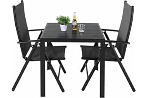 LIFERUN 3-Teiliges Gartenmöbel Set, Aluminium Balkonmöbel Set, 2pcs Verstellbare Hochlehner Klappstühle + 1 WPC Quadratisch Tisch, Essgruppe Sitzgruppe Outdoor, Wetterfest, Schwarz