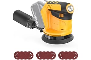 SQUAELTIRS Cordless Random Orbital Sander, Compatible with Dewalt 18V/20V Battery, Battery Orbital Sander with 12PCs Sanding Sheets, 3 Variable Speeds, Perfect for Wood and Steel (No Battery)