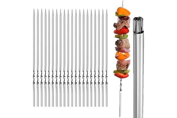 Eabdice 20 st Grillspett i rostfritt stål, grillspett i rostfritt stål med förvaringsrör, för kött och grönsaker Stabil, lång platt