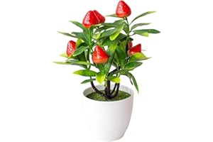 EPHEYFIF Albero di fragole artificiale finta casa pianta verde frutta decorazione con vaso di plastica foglie realistiche per casa, tavolo, ufficio, giardino, interni ed esterni