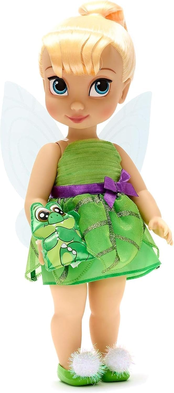 Disney Store: muñeca niña coleccionable de Campanilla (colección Animators), Peter Pan, 39 cm, pelo enraizado y traje realistas, peluche del cocodrilo Tic Tac en raso acolchado, para mayores de 3 años