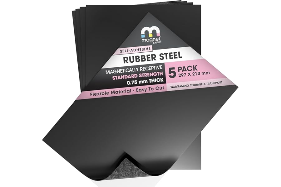 TMS Rubber Steel Sheets | Soft Metal Ferrous Sheet for Wargaming Miniature Storage, Magnetic Displays or Hobby Purposes | 5 Pack | 0.75mm thick | A4 (30×21cm)