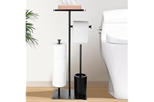 Zocipro Wolnostojący uchwyt na papier toaletowy ze szczotką toaletową, nowoczesny stojak podłogowy ze stali nierdzewnej z górną półką, mieści 4 rolki, matowy, czarny, wysoki uchwyt na papier toaletowy