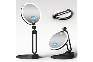 SUUPVAOR Magnifying Mirror with Light 40X/1X, Double Sided Travel Makeup Mirror with Lights and Magnification, 3 Colors Dimming Lighting, Rechargeable Large Size of 15cm, Foldable Design, 360°Angle Adjustable