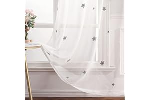 MIULEE Cortina Visillo Bordado Translucido de Dormitorio Infantil Juvenil con Ojales Plateados para Sala de Estar Cuarto de Niño Comedor Habitación Patrón de Estrella 2 Hojas 140x145cm Gris