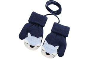 ITODA Guanti per bambini e neonati, con cordicella e volpe, lavorati a maglia, invernali, caldi, spessi, in cashmere, con animale, per bambini da 1 a 4 anni