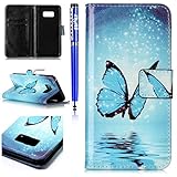 FESELE Schutzhülle für [Samsung Galaxy S8 Plus] Lederhülle Leder Case Ledertasche mit Standfunktion und Magnetverschluss, Samsung Galaxy S8 Plus Bunt Muster Flip Case Cover Wallet Leder Brieftasche Hülle im Bookstyle Kartenfach Leder-Mappen-Karten-Slot-Abdeckung für Samsung Galaxy S8 Plus + Blau Eingabestift Stylus Touch Pen-Glänzend Schmetterling
