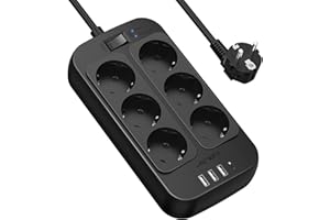 JSVER Regleta Enchufes USB, Proteccion Sobretension con 6 Toma de Corriente y 4 USB Puertos(5V3,4A) Estación de Carga Inteligente, Alargadora con Cable 2m-Negro