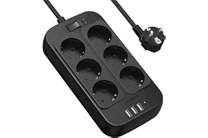 JSVER Regleta Enchufes USB, Proteccion Sobretension con 6 Toma de Corriente y 4 USB Puertos(5V3,4A) Estación de Carga Inteligente, Alargadora con Cable 2m-Negro