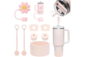 JiangLin Stanley Cup zestaw 9 akcesoriów, awiera 2 pokrywki na słomki Stanley,1 silikonowe etui ochronne na dole,6 silikonowych zatyczek zabezpieczających przed wyciekiem (różowy)