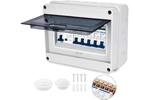 ZILCHX Consumer Unit 4 Way IP65 Protection Consumer Unit Circuit Breaker Consumer Unit Anti-Leakage Fuse Box for Garages, Caravans, Workshops 63A 30mA RCD 4MCB 2x6A+10A+20A+32A